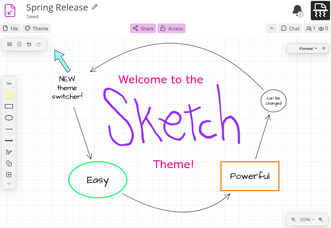 screenshot of the diagram app with a drawing: welcome to the Sketch theme! surrounded by connected shapes: Easy, Powerful, can be changed, New theme switcher! pointing to the new button in the toolbar