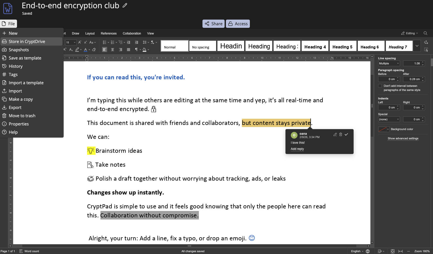 Screenshot of the Document application in use, showing a collaborative environment with one user commenting "I love this!" on parts of the text