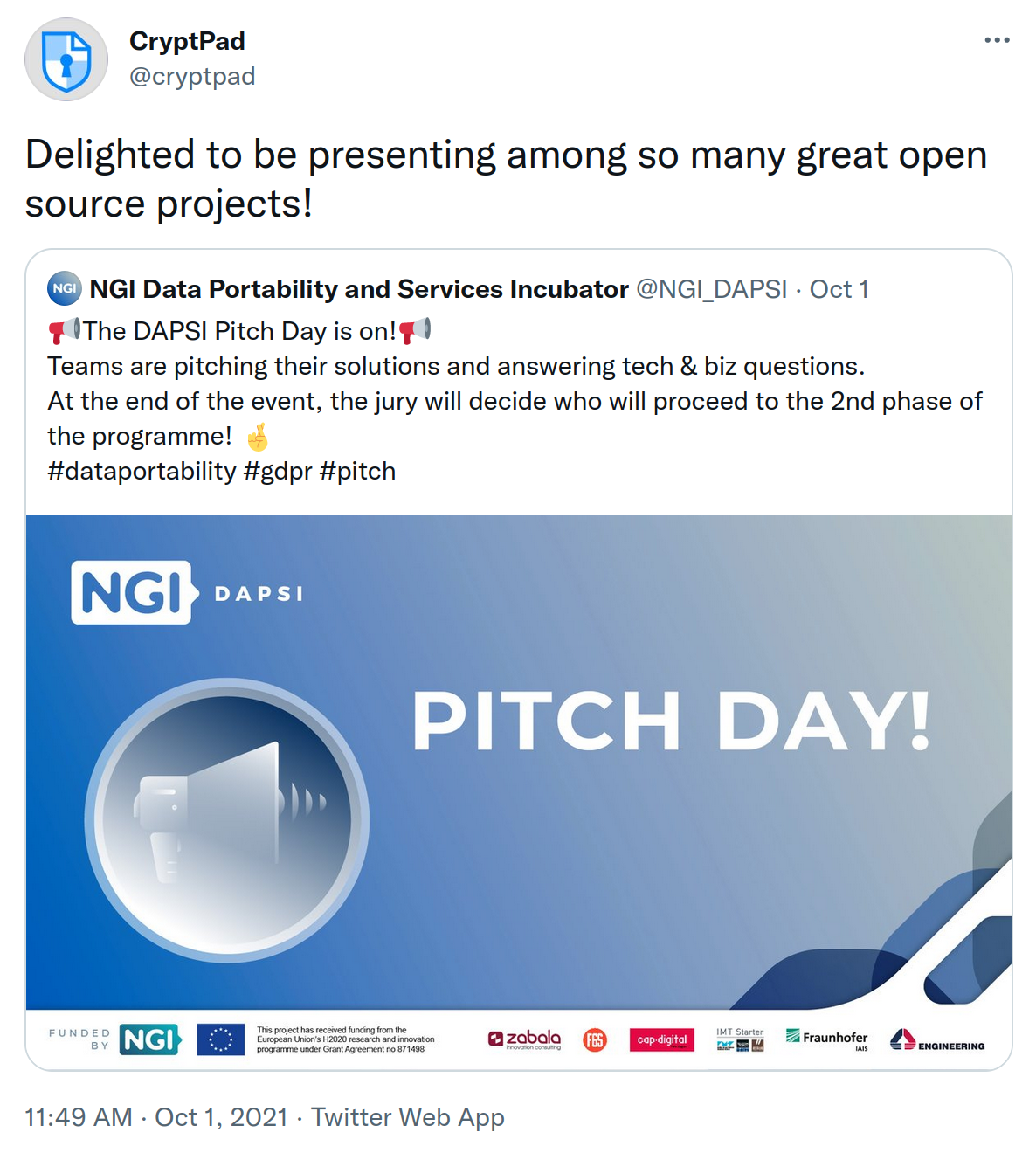 Tweet from NGI DAPSI about the pitch day