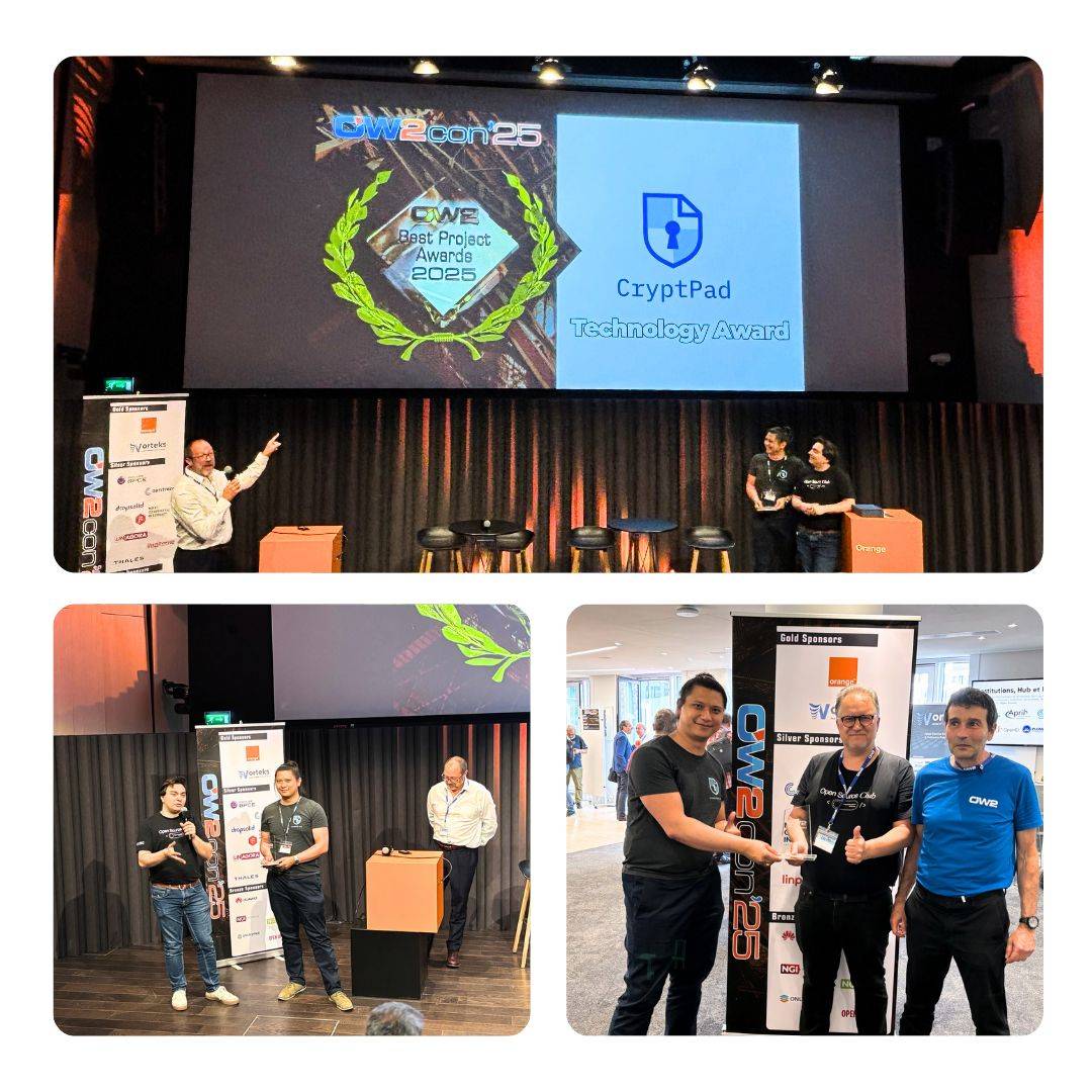 Photos of the CryptPad team recieving their award on stage and showing it