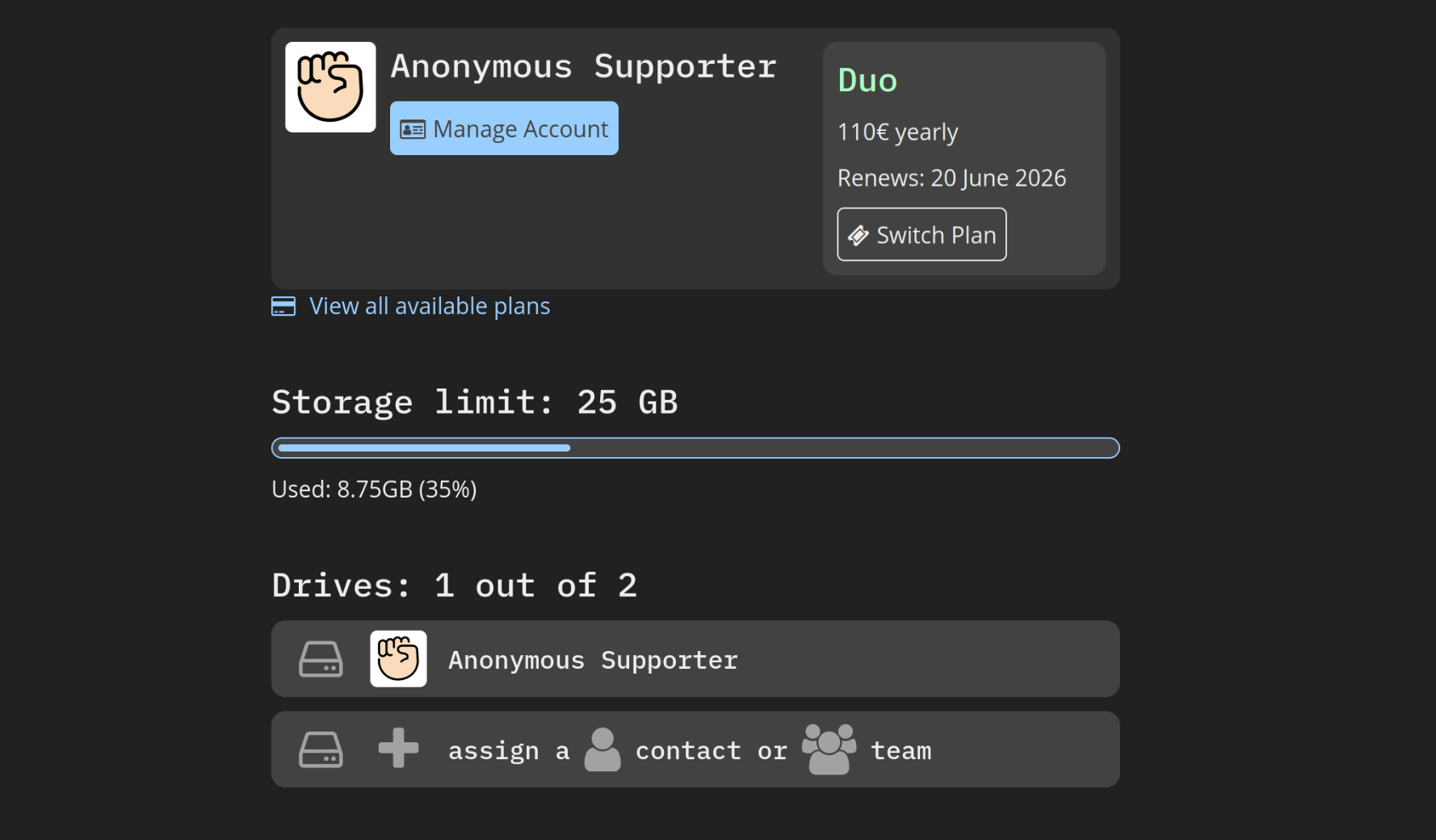 screenshot of the accounts redesign showing a Duo plan with storage bar and one drive left to assign to a user or team drive