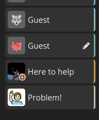 screenshot of the badge feature showing some guest users, a user called Problem and another called "here to help" wtih a support badge