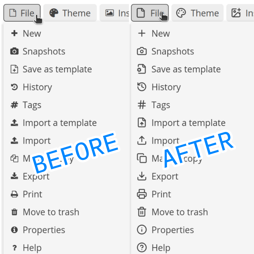 screenshots of the file menu before and after the icon change