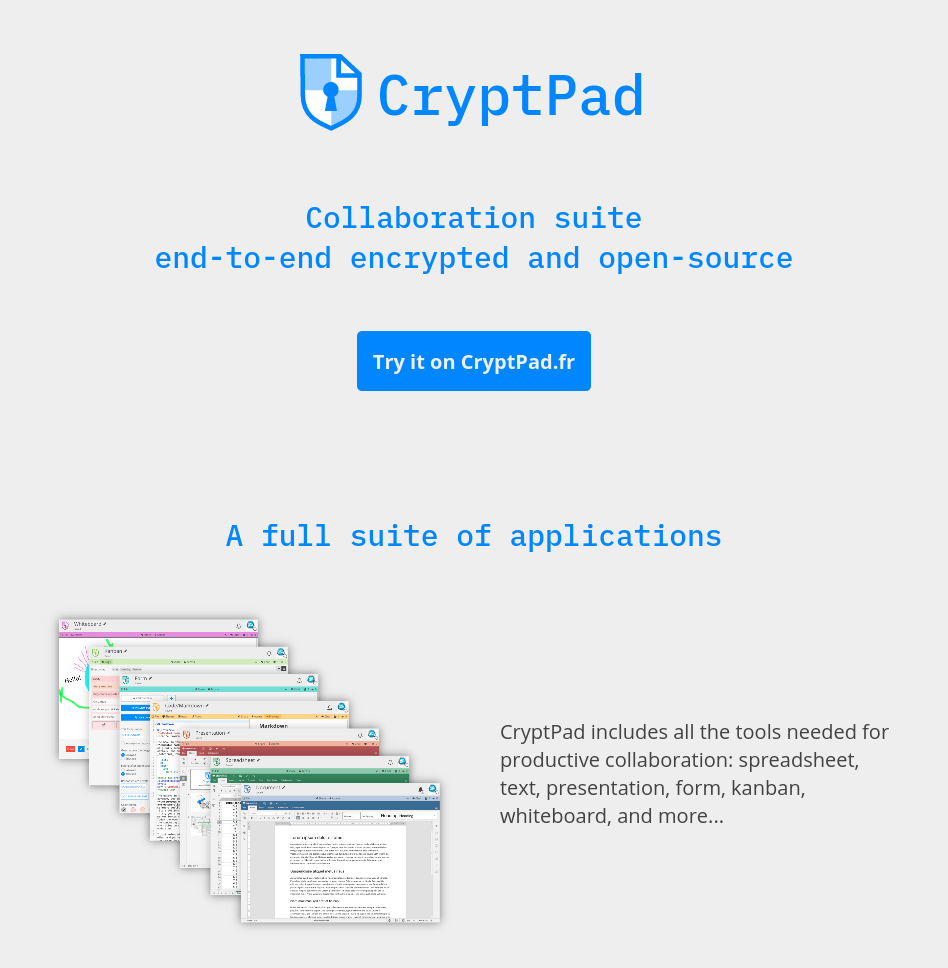 Screenshot of CryptPad.org, providing general information about the open-source project