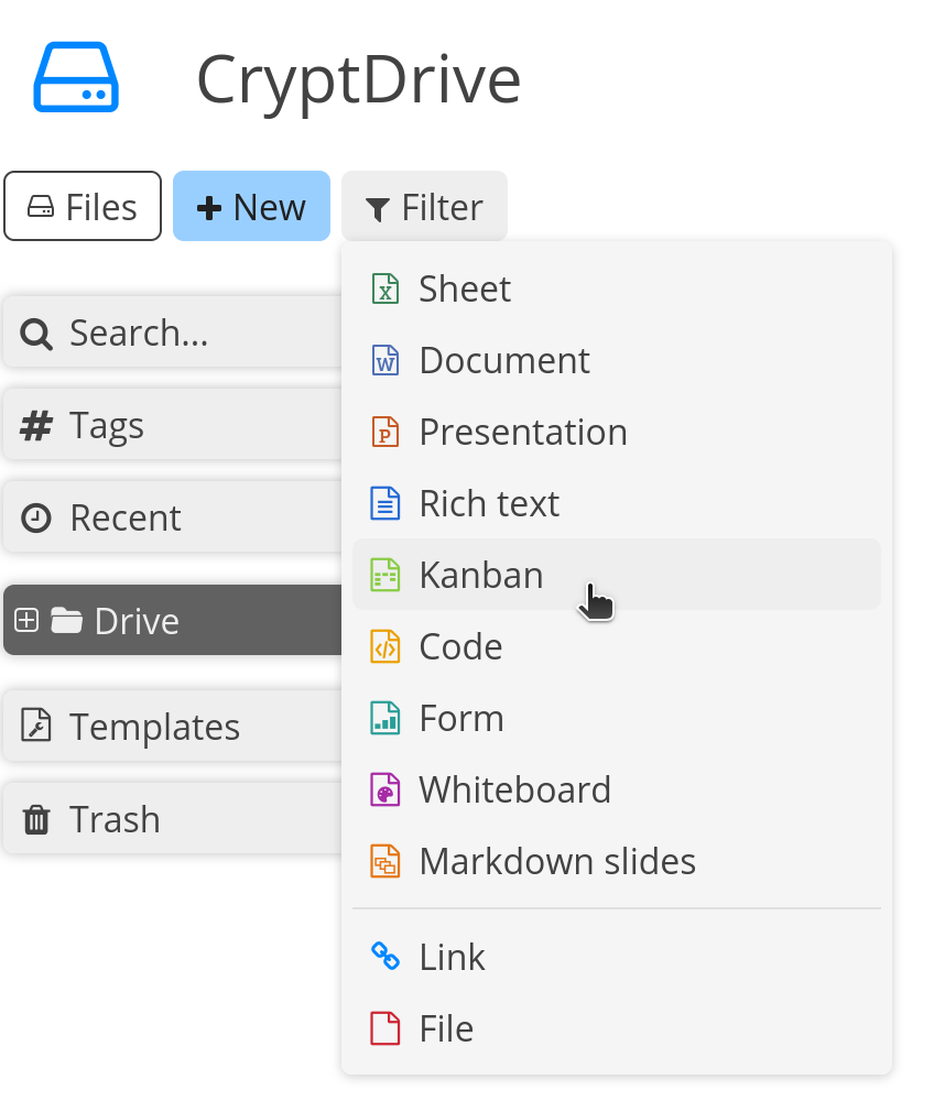 The document type filter in the drive