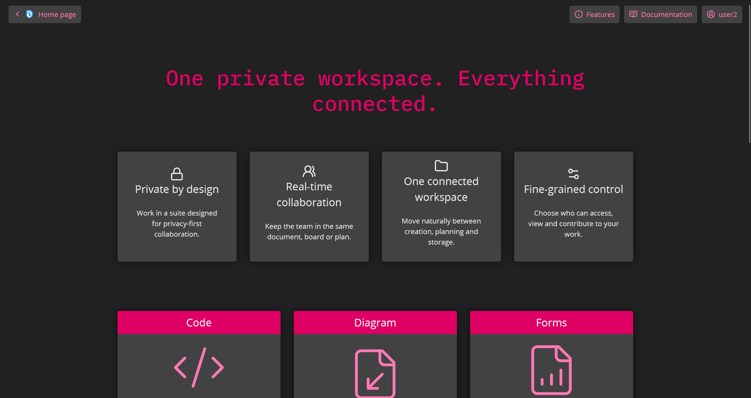 page mockup "one private workspace. Everything connected", private by design, real time collaboration, one connected workspace, fine-grained control