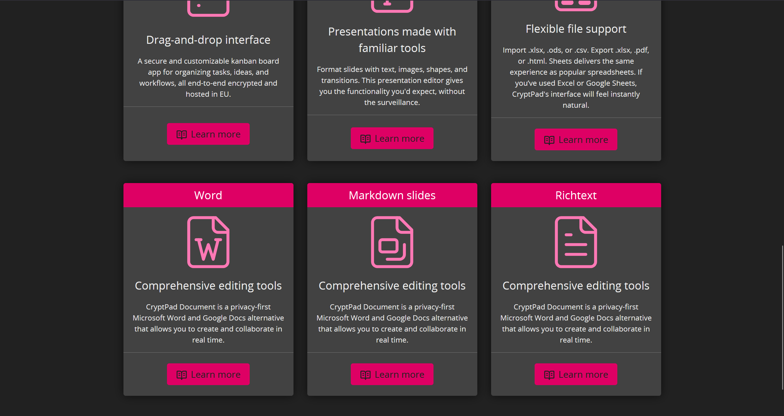 same mockup continues with "drag and drop interface", "presentations made with familiar tools" "flexible file support"