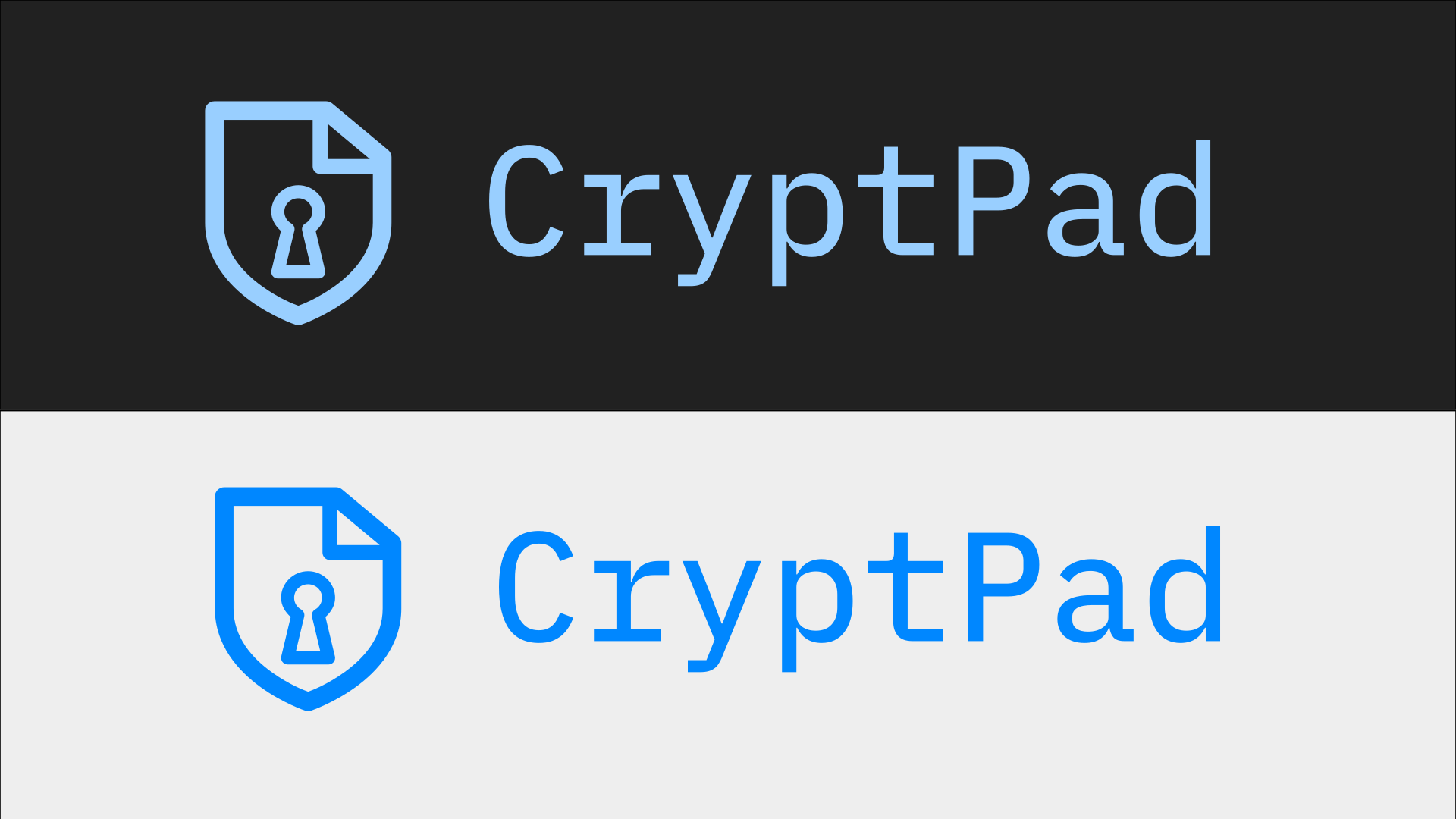 slide showing the new logo icon next to the CryptPad name on light and dark backgrounds