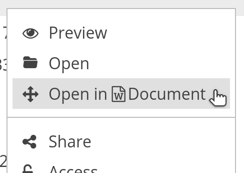Preview of the new "Open in..." feature. Right clicking a compatible file in the drive shows this menu