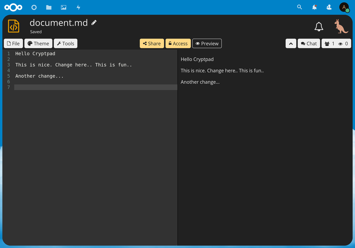 screenshot of CryptPad code app running in Nextcloud