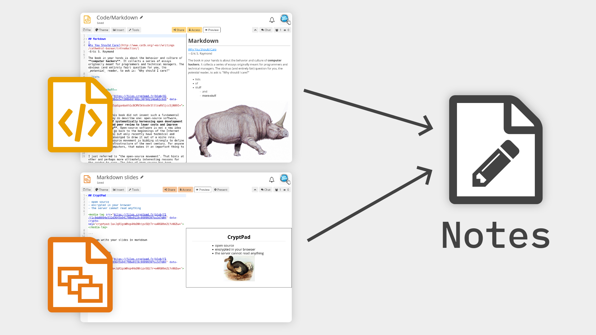 the Code and Markdown Slide apps merging into the Notes app