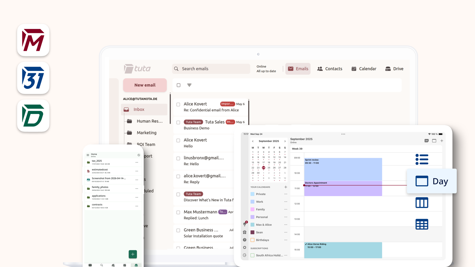 screenshot of Tuta applications: email, calendar, and drive shown in various screen sizes